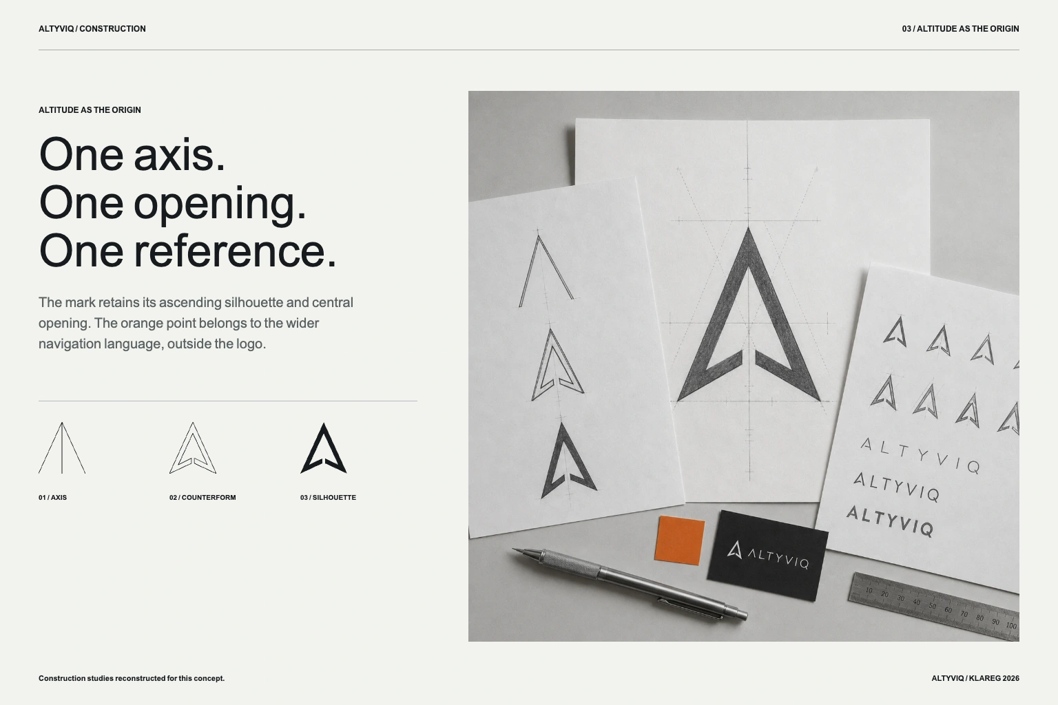 Construction of the ascending ALTYVIQ mark: axes, counterform and optical adjustments.