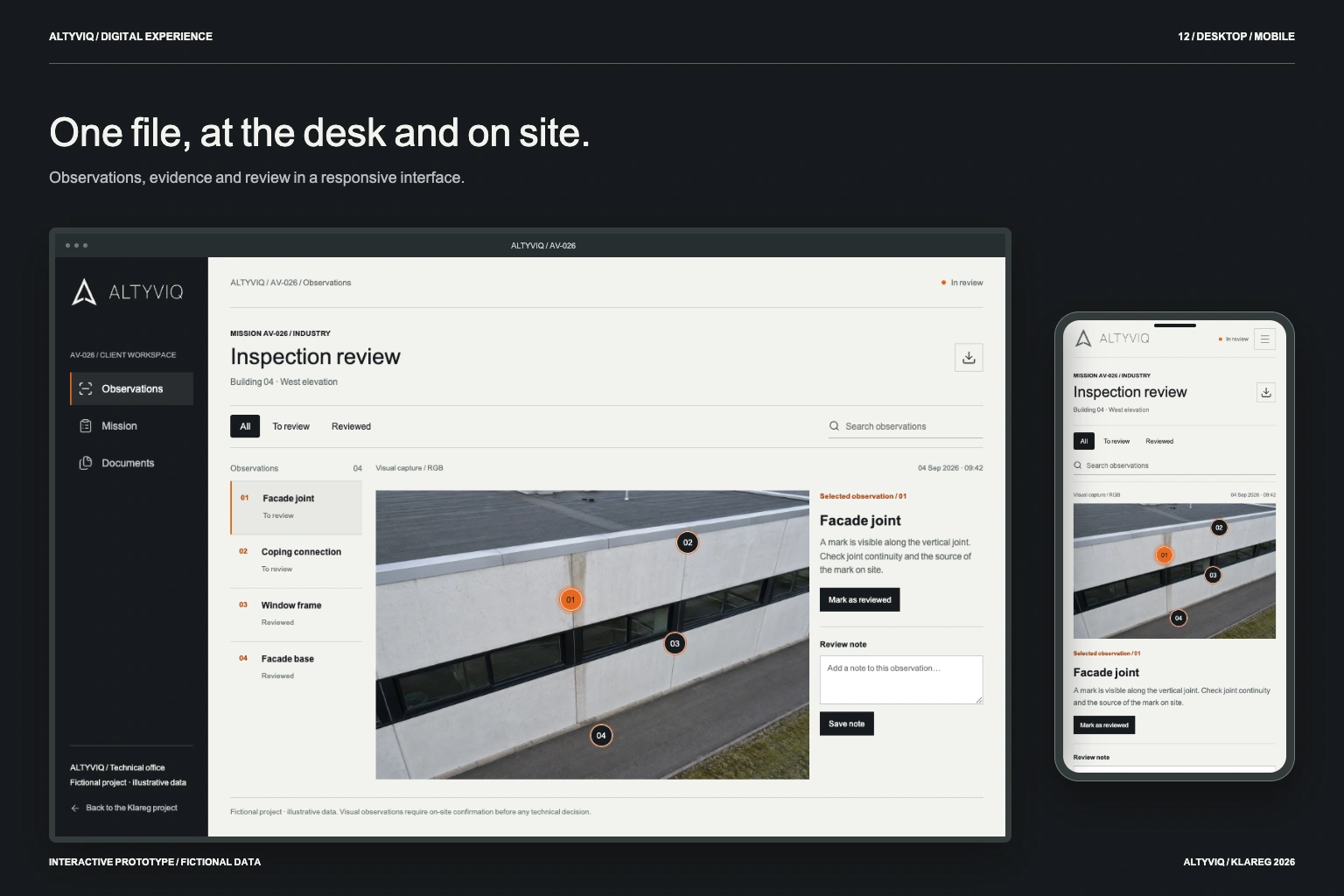 ALTYVIQ desktop and mobile inspection prototype with demonstration data.