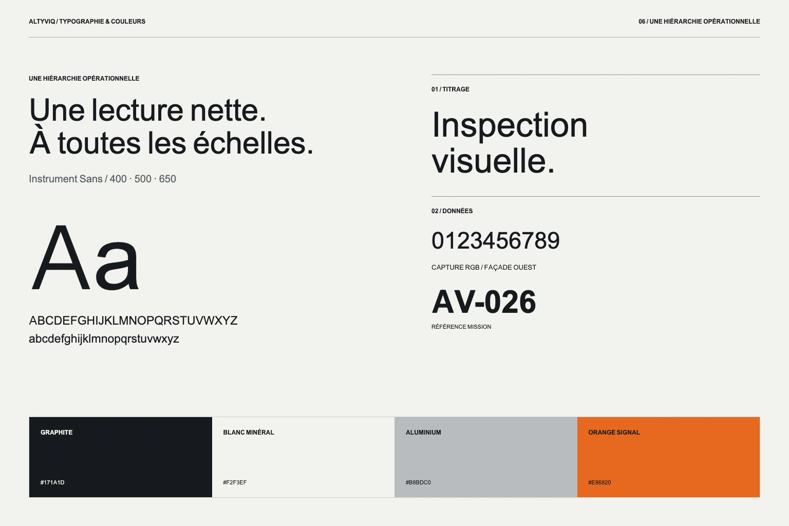 Typographie Instrument Sans et palette ALTYVIQ : graphite, minéral, aluminium et orange signal.
