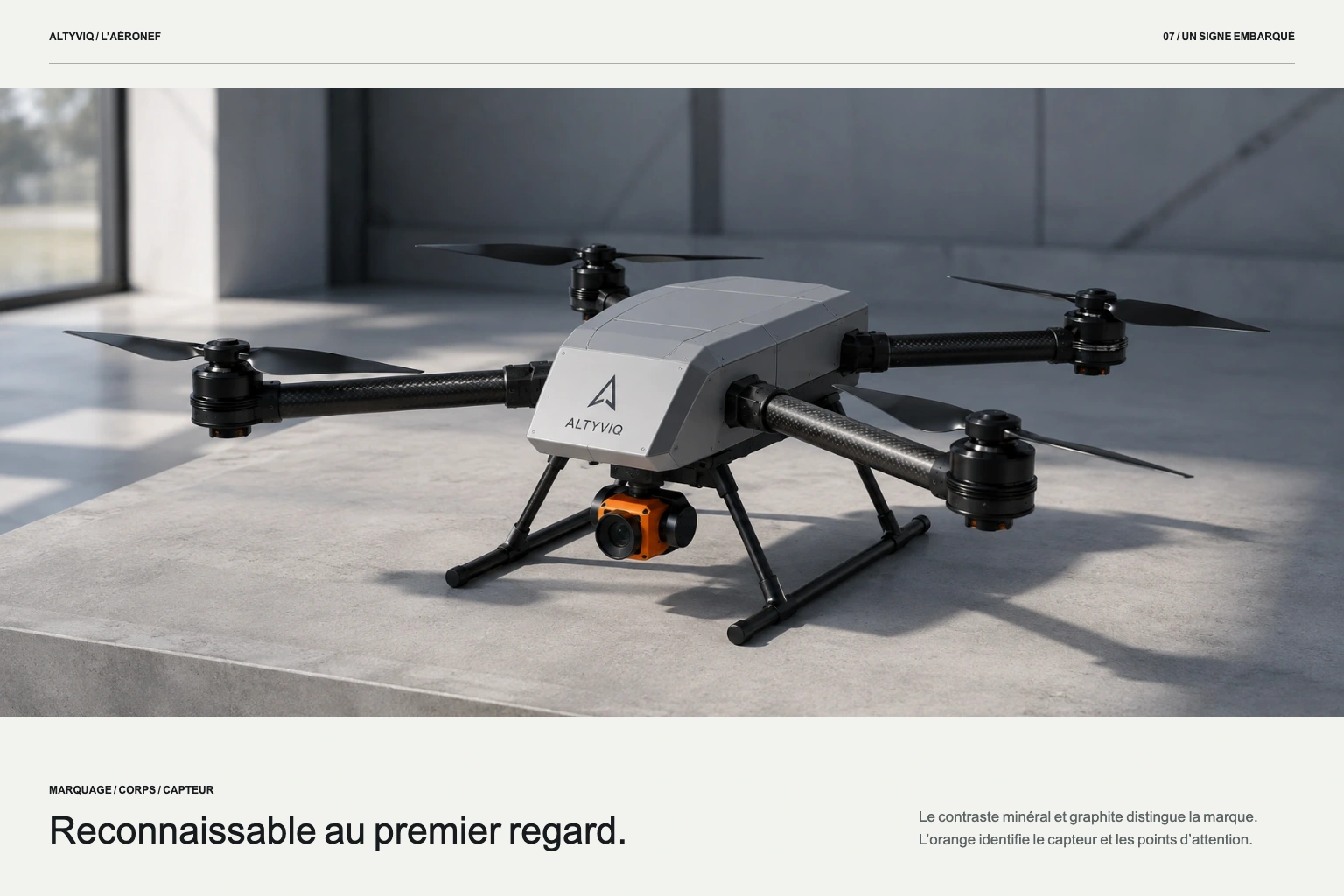 Application du signe ALTYVIQ et des repères orange sur un drone.