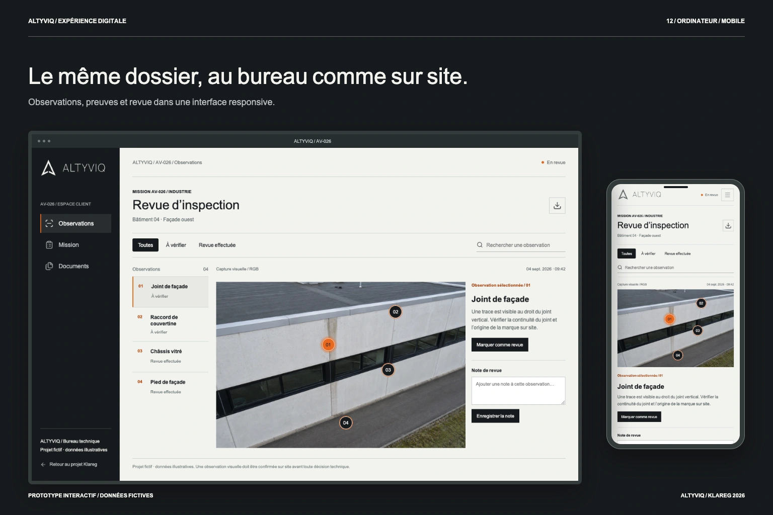Prototype d’inspection ALTYVIQ sur ordinateur et mobile, avec données de démonstration.