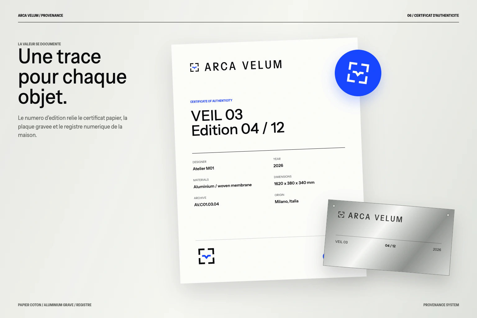 ARCA VELUM certificate concept with edition number, materials and archive reference.