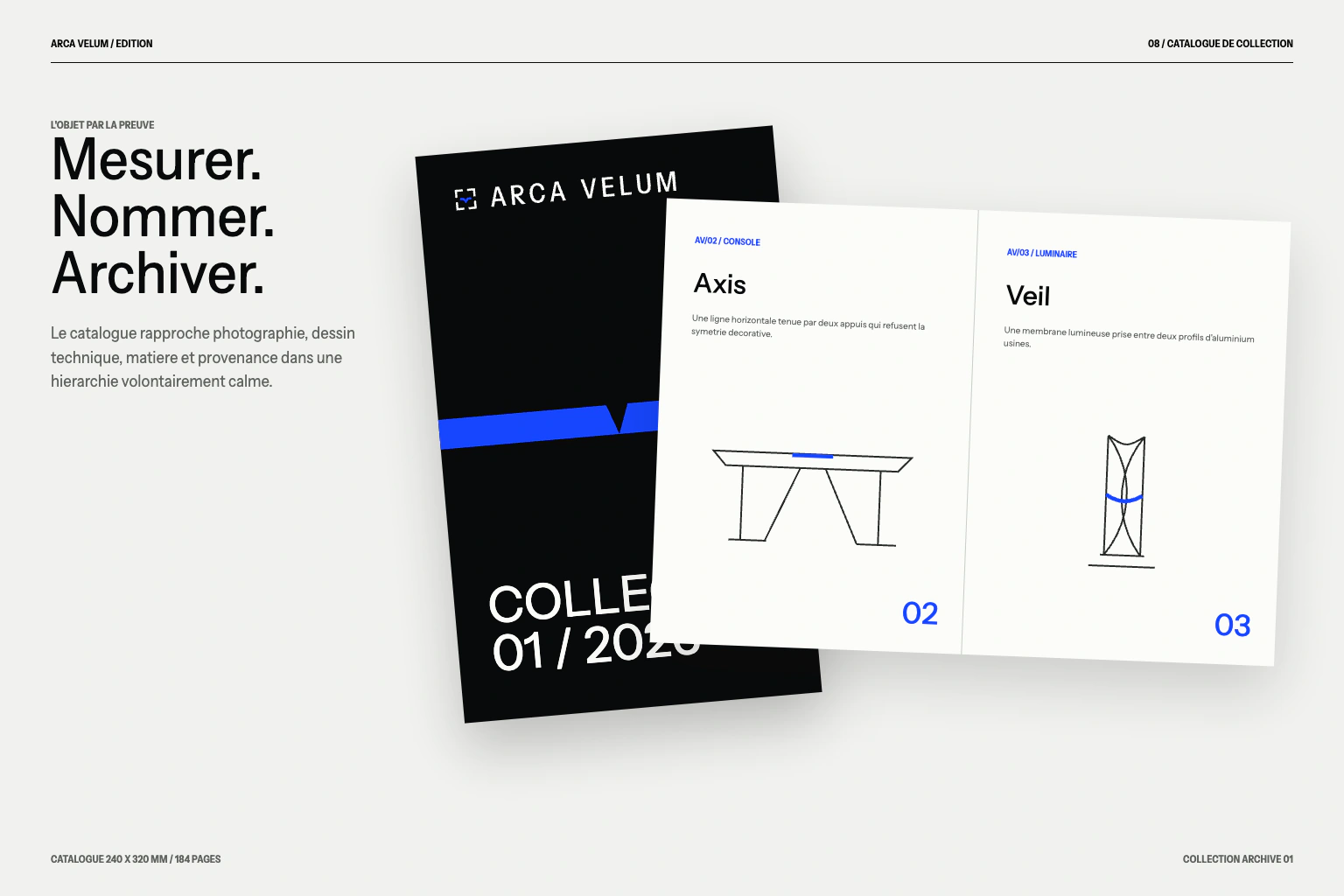 ARCA VELUM catalogue: layout of collection dimensions and materials.