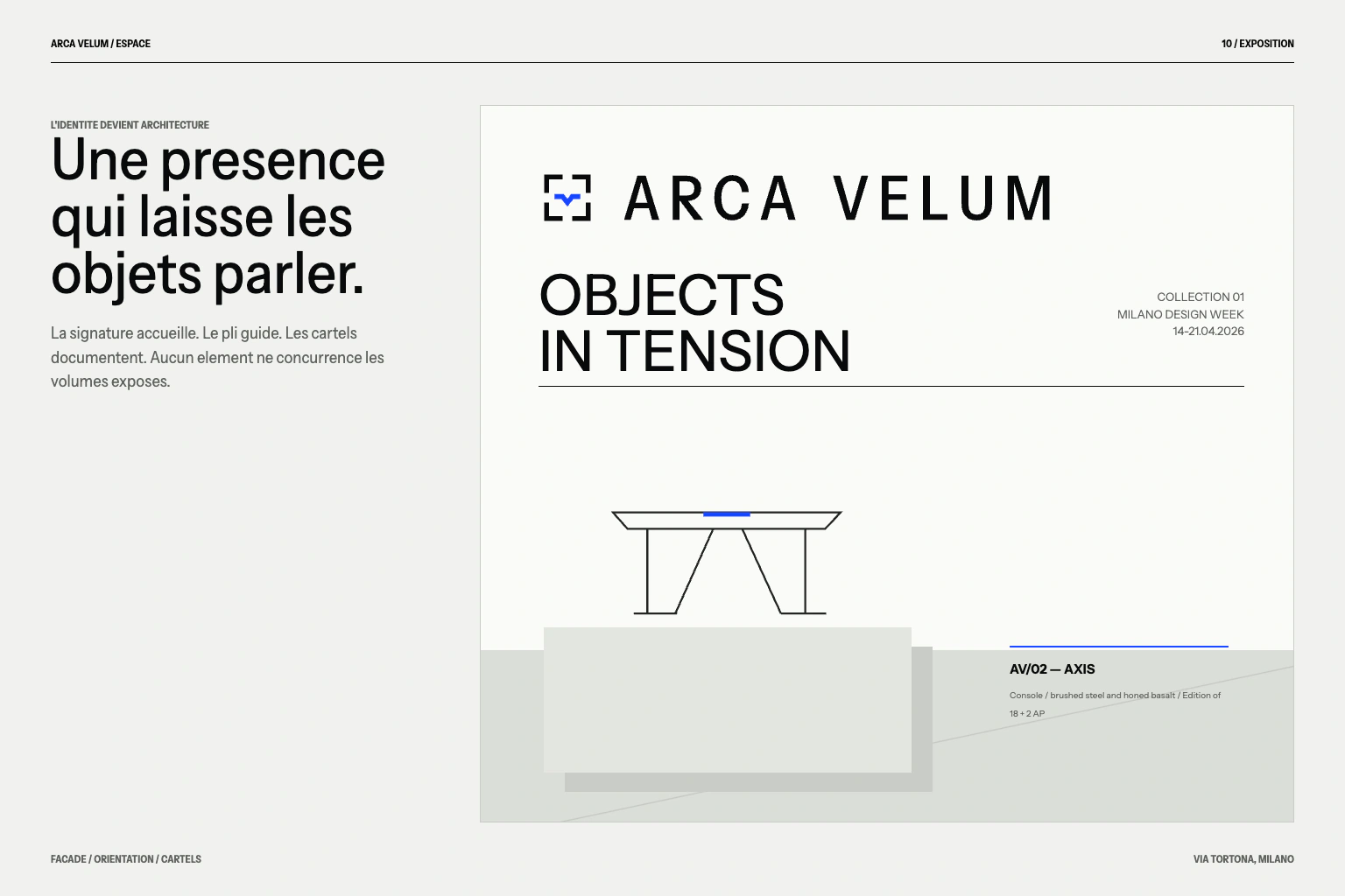 ARCA VELUM exhibition concept: wall signature, wayfinding and object labels.