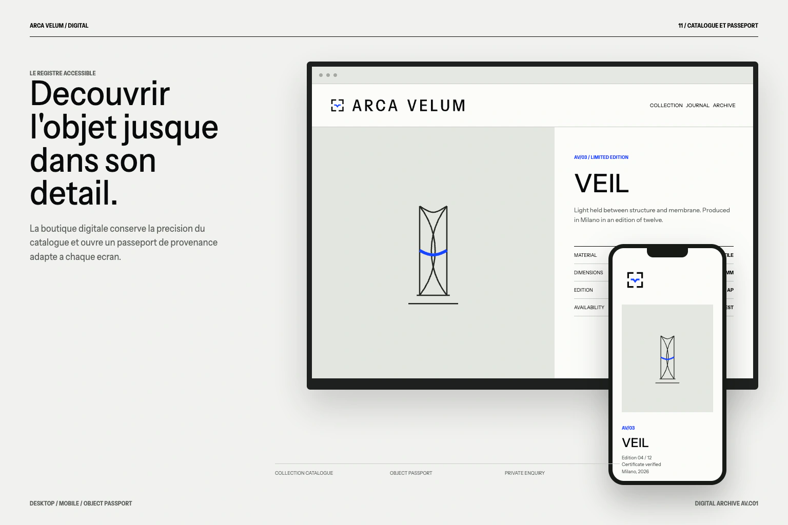 ARCA VELUM digital catalogue and object-passport concept on desktop and mobile.