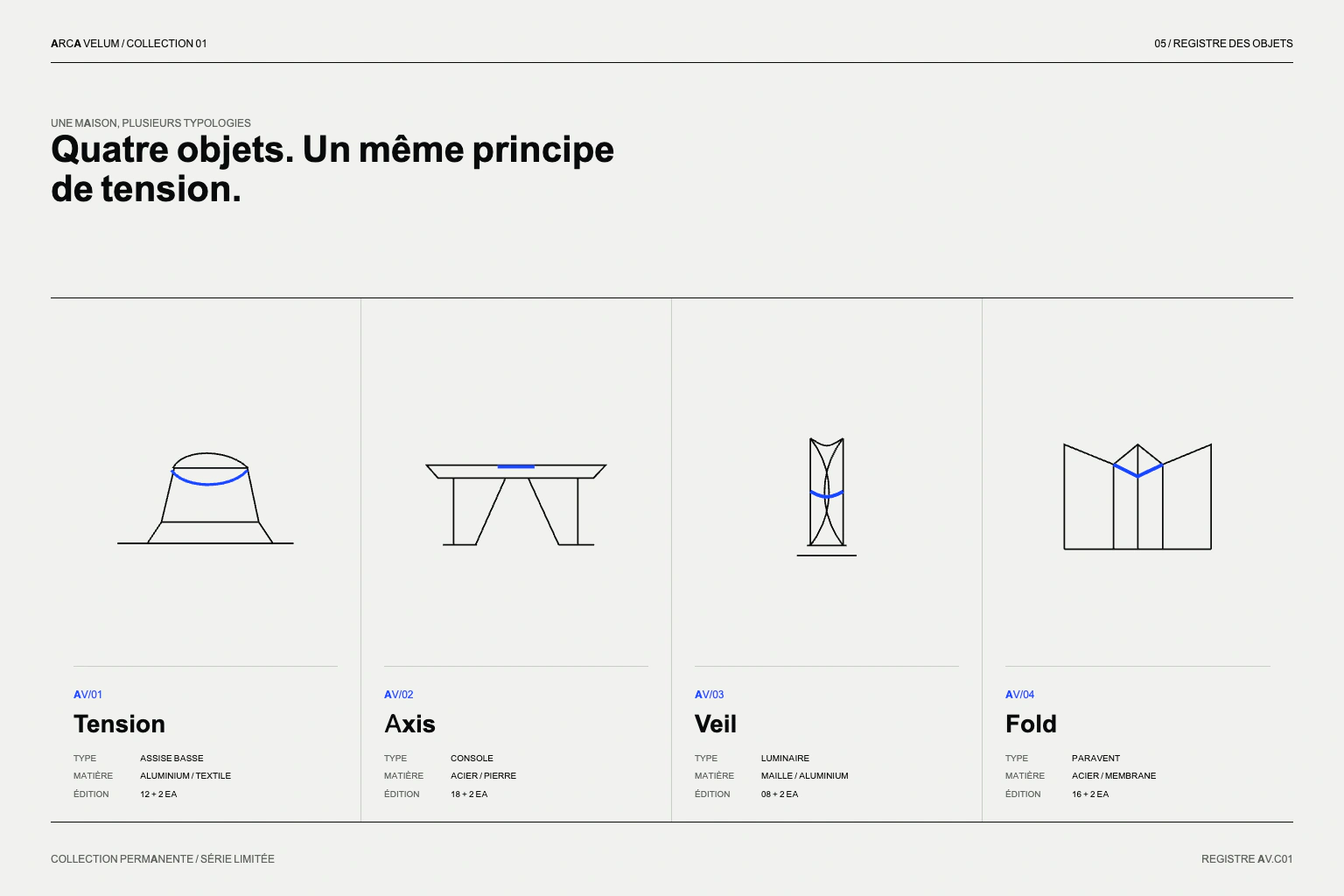 Collection ARCA VELUM : assise Tension, console Axis, luminaire Veil et paravent Fold.