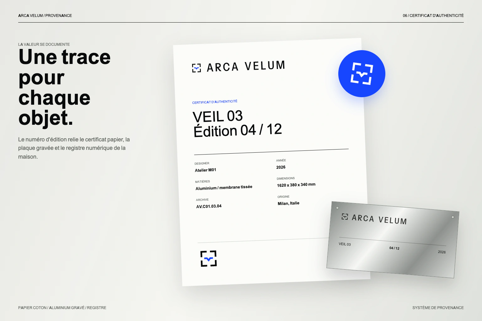 Concept de certificat ARCA VELUM avec numéro d’édition, matières et référence d’archive.
