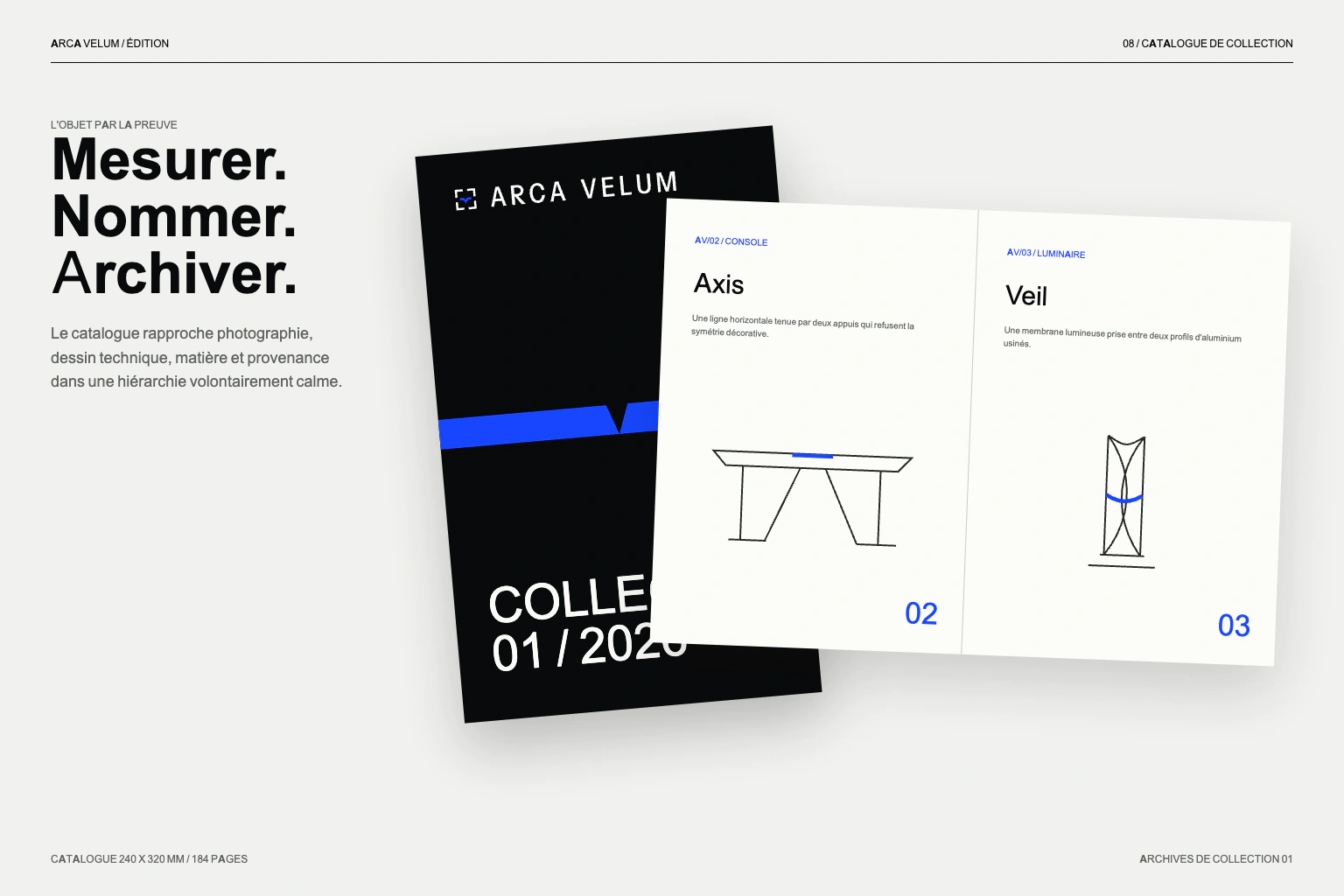 Catalogue ARCA VELUM : mise en page des dimensions et matières de la collection.