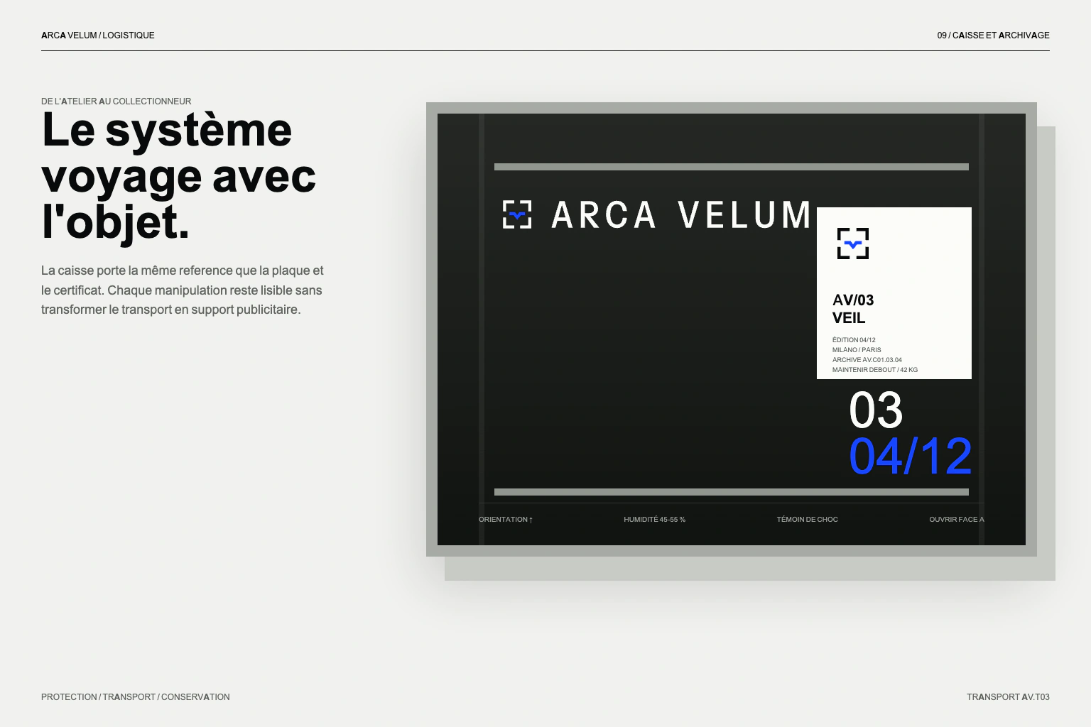 Caisse de transport ARCA VELUM : étiquette d’identification et repères de manutention.