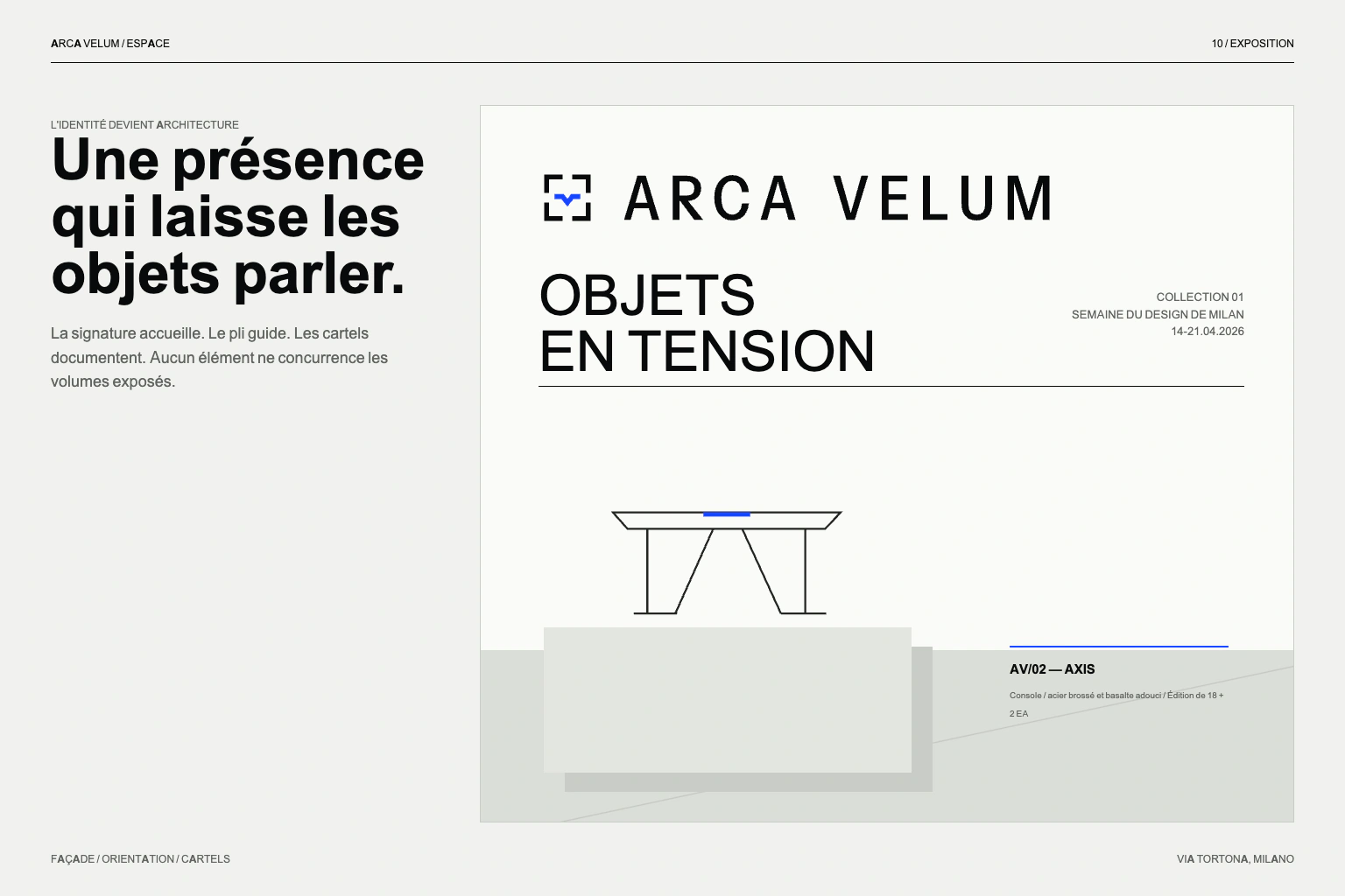 Concept d’exposition ARCA VELUM : signature murale, orientation et cartels des objets.