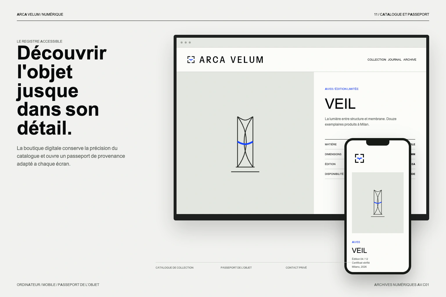 Concept de catalogue et de passeport numérique ARCA VELUM sur ordinateur et mobile.