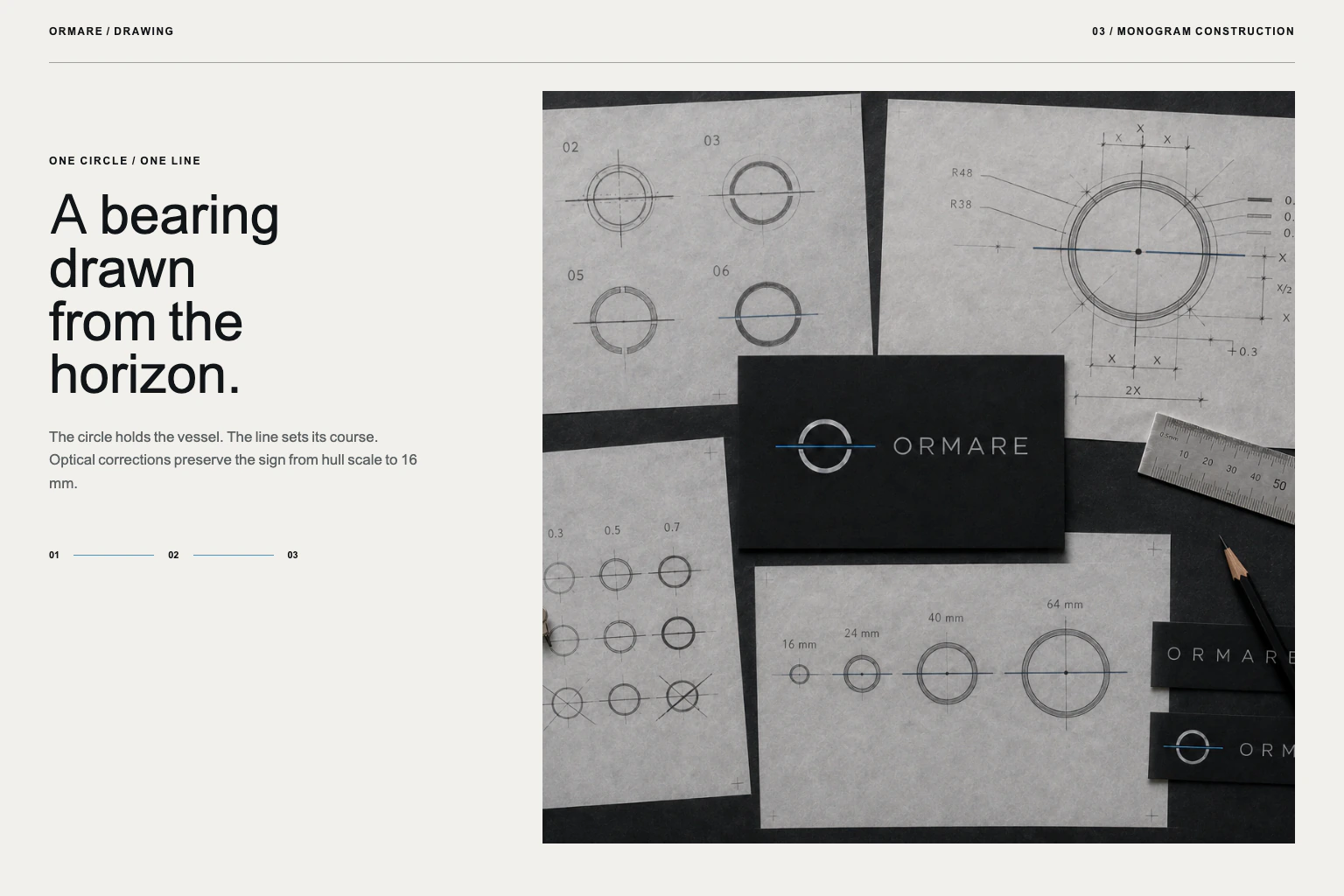 Pencil studies of the ORMARE monogram: a circle crossed by a horizon line.