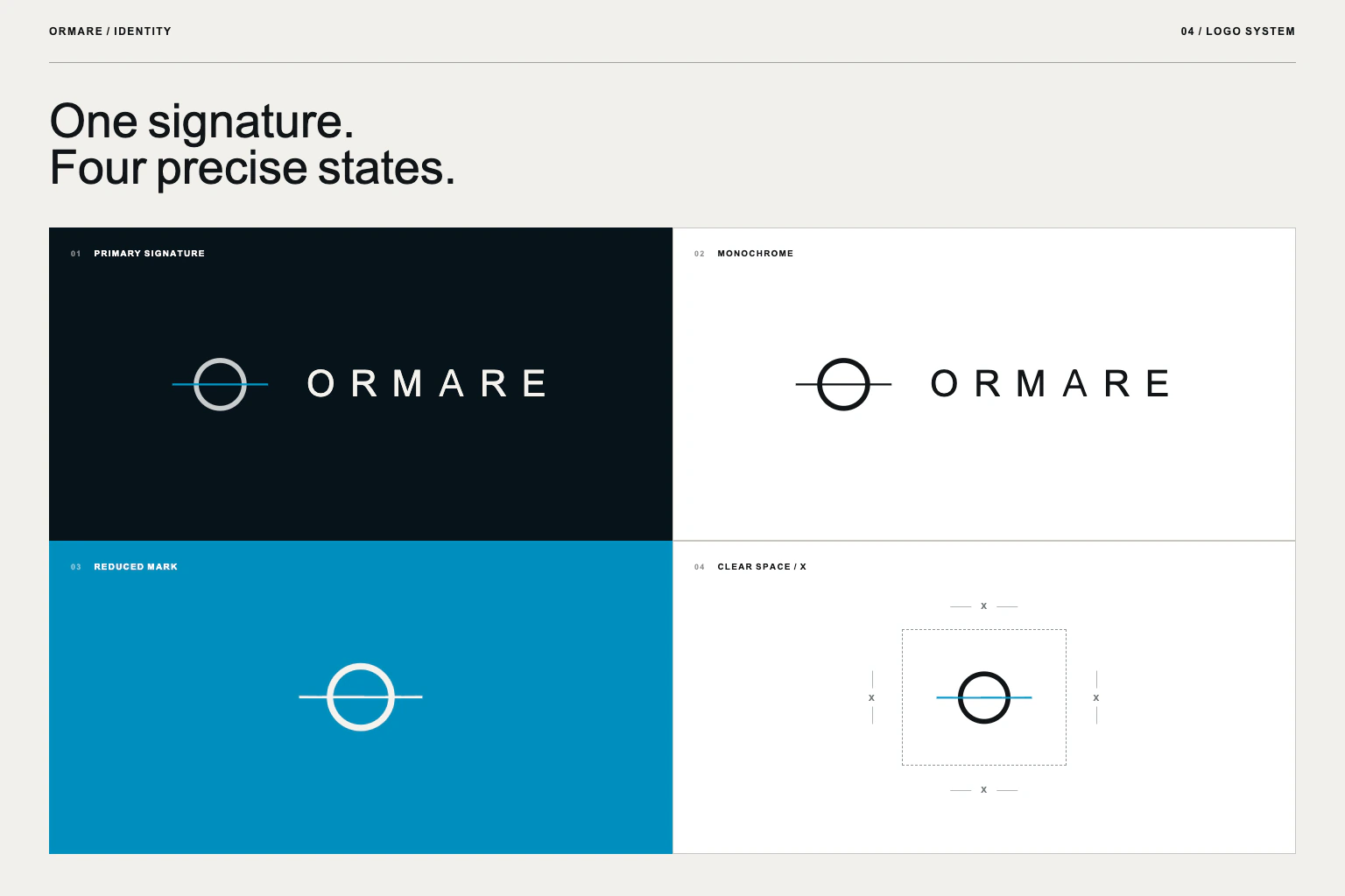 ORMARE logo system: primary signature, monochrome, reduced mark and clear space.