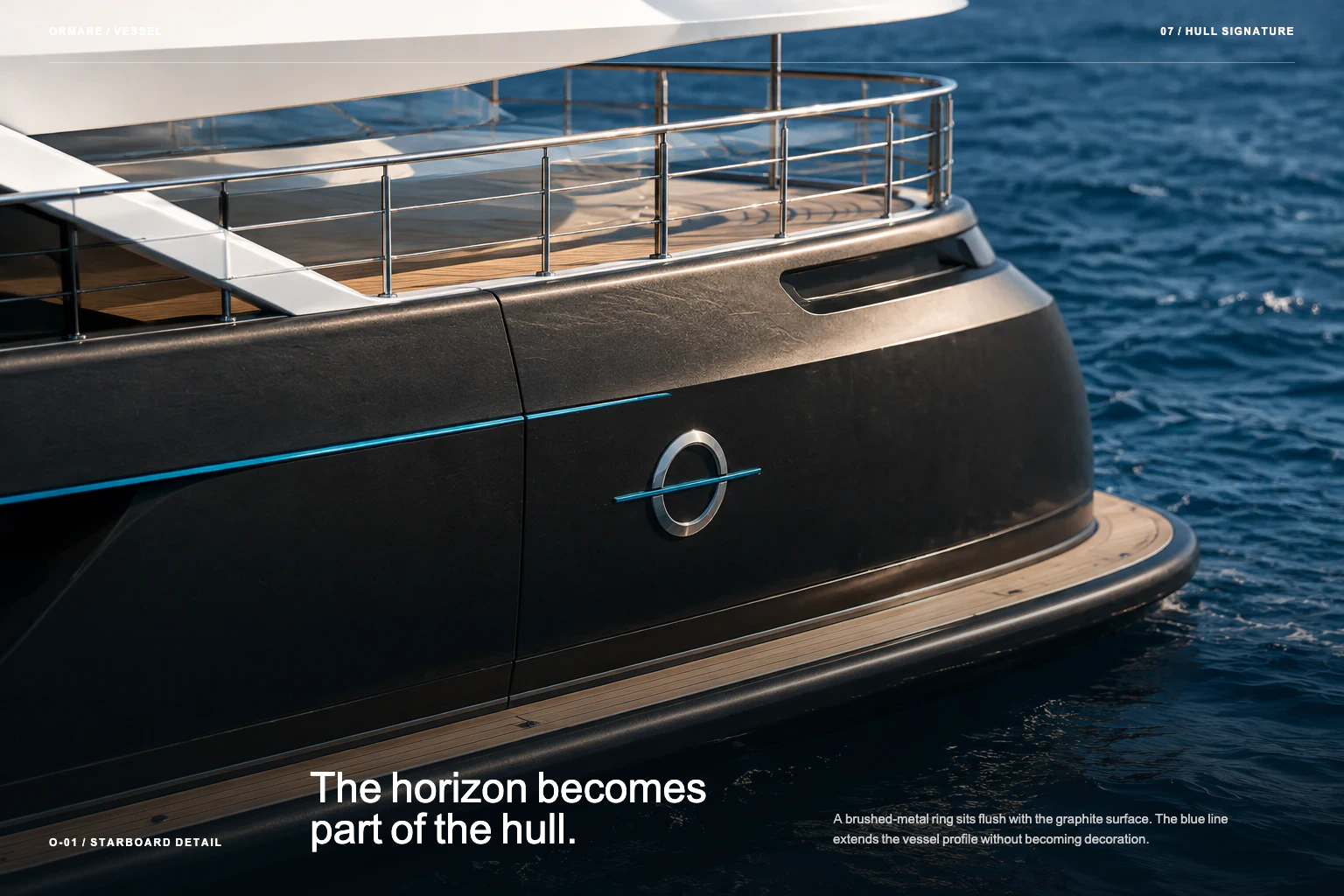 Brushed-metal monogram and blue line applied to the ORMARE hull.