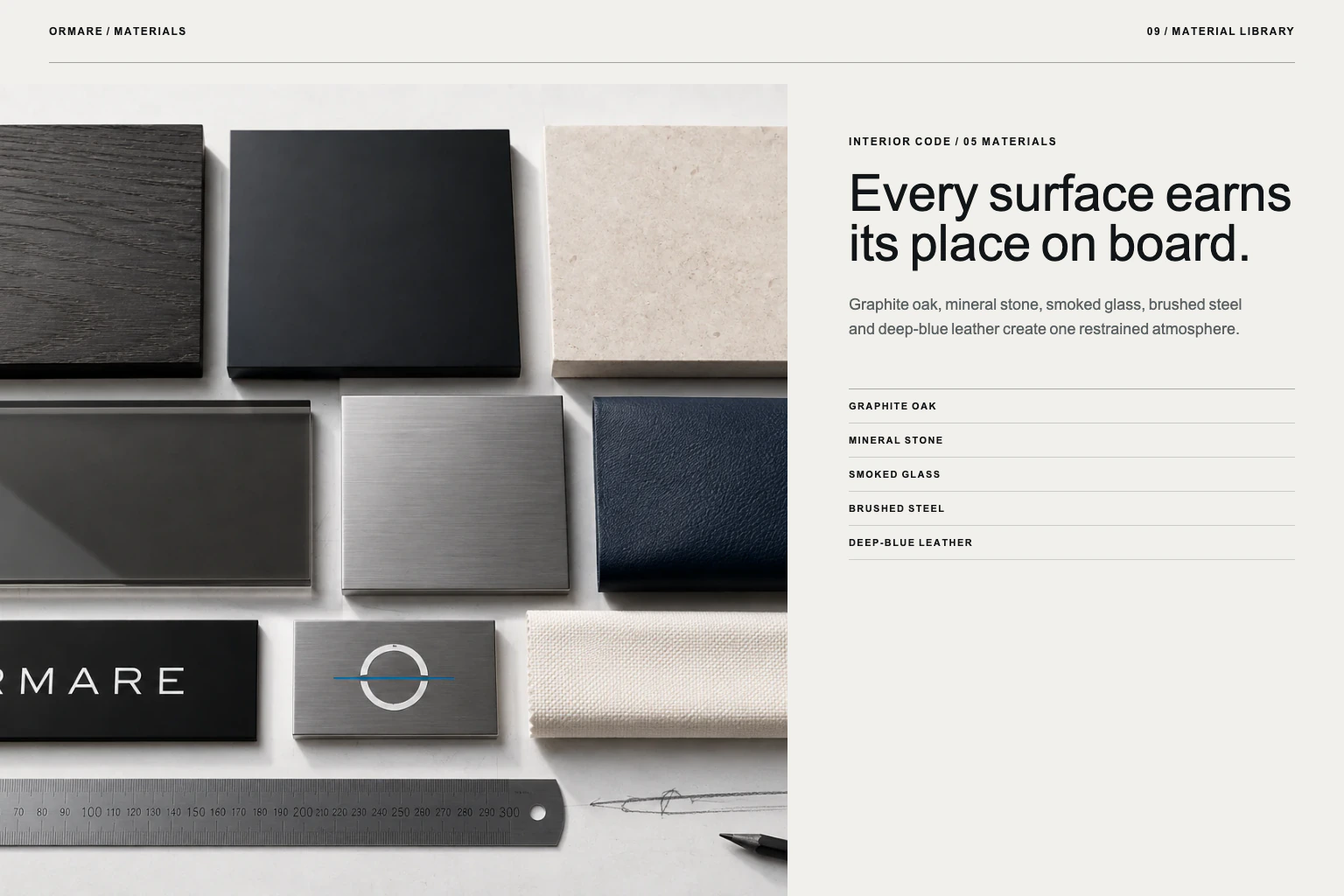 ORMARE material palette: graphite wood, stone, smoked glass, brushed steel and blue leather.
