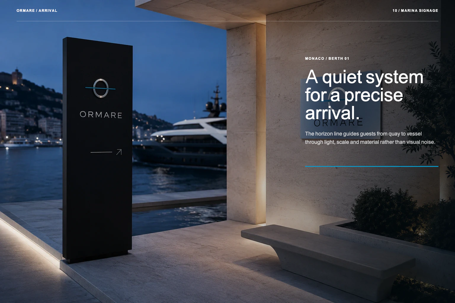 ORMARE signage concept for arrival at the quay and access to the vessel.