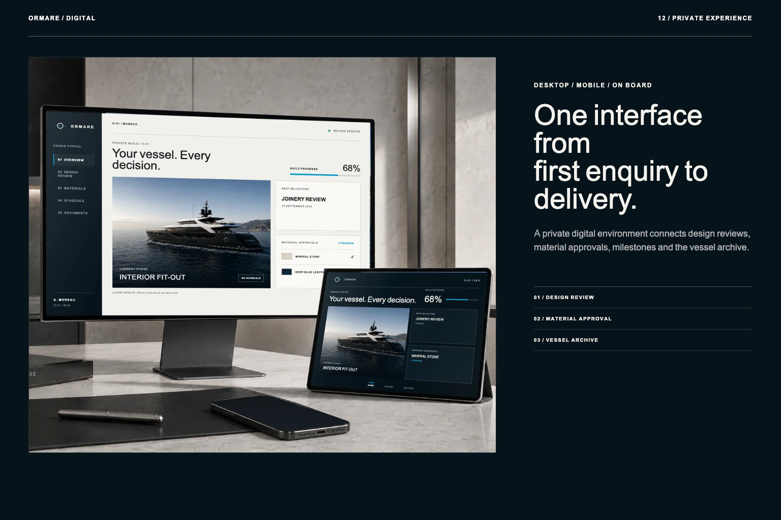 ORMARE owner-interface concept: design reviews, materials and archives across several screens.