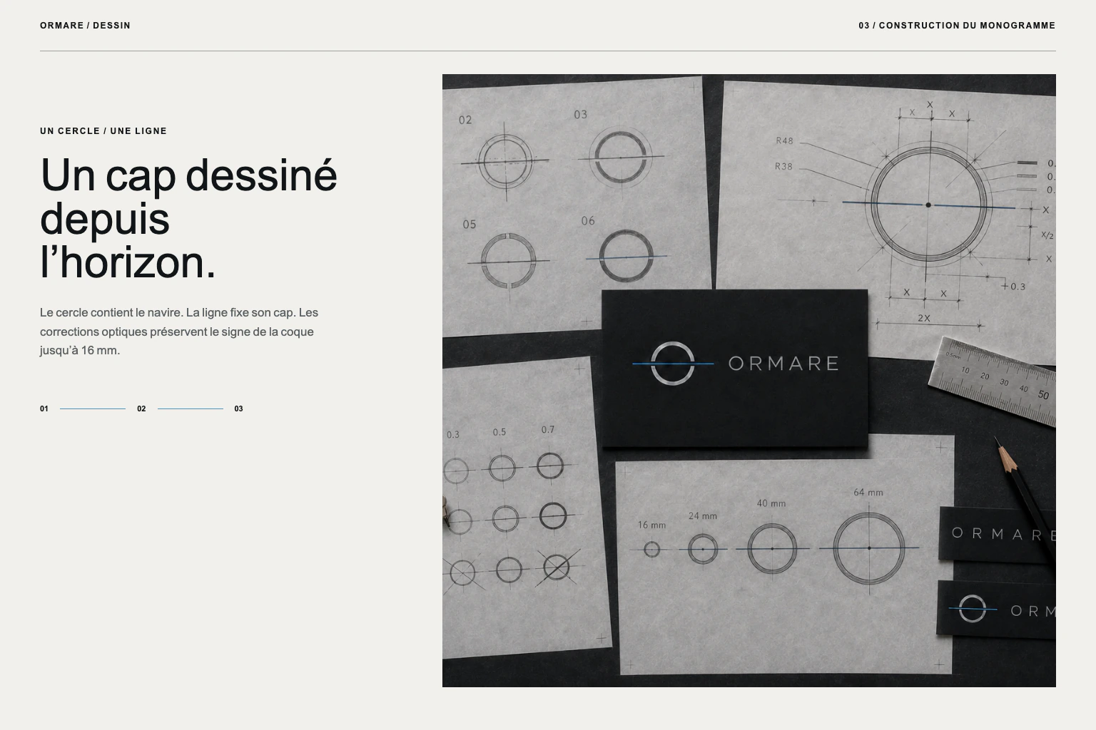 Recherches au crayon du monogramme ORMARE : un cercle traversé par une ligne d’horizon.