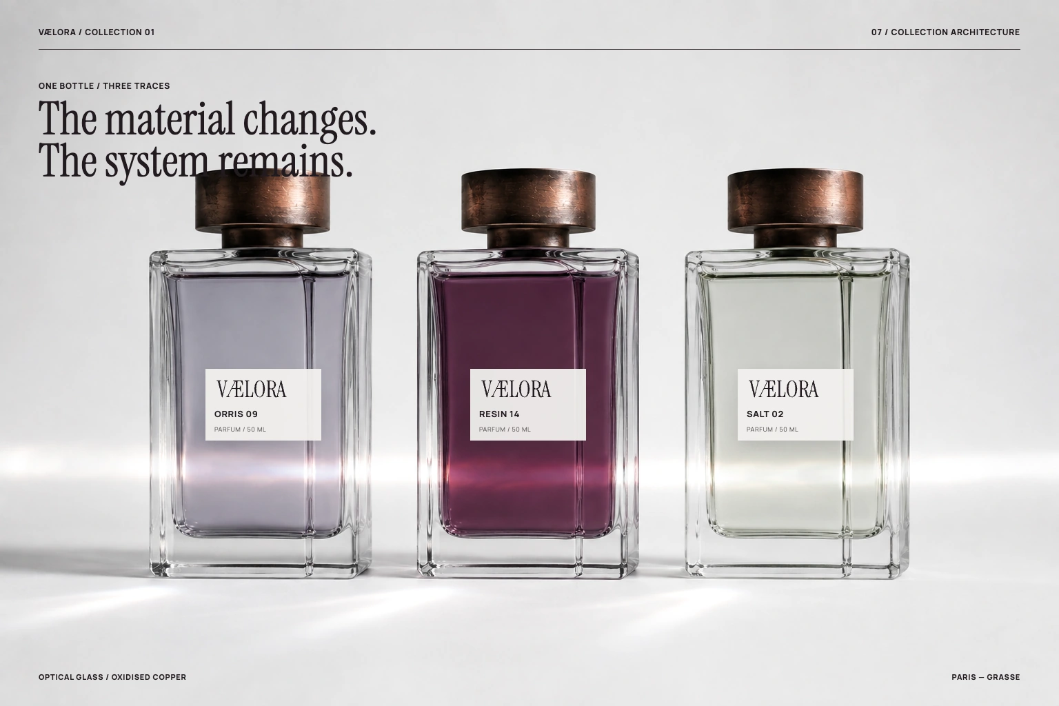 VÆLORA collection: bottles and labels for Orris 09, Resin 14 and Salt 02.