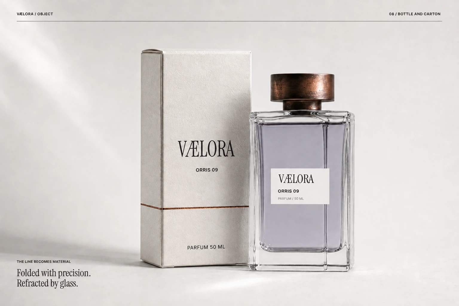 VÆLORA bottle and packaging application, using paper, glass and copper.