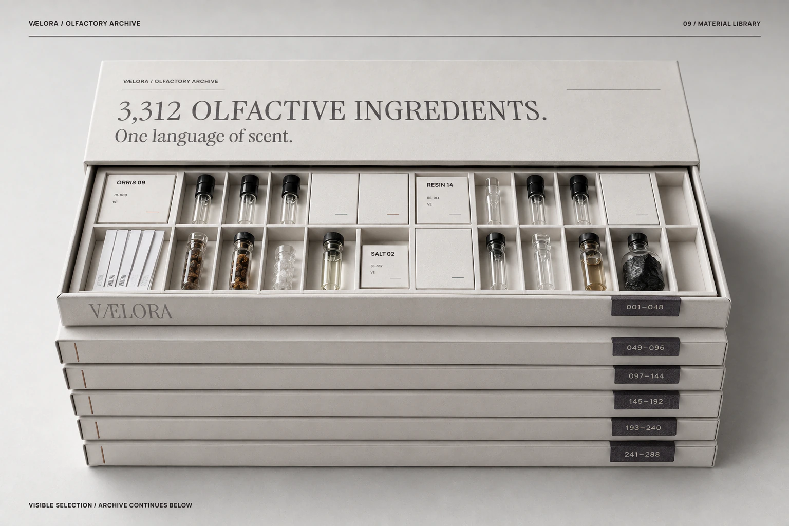 VÆLORA olfactory archive concept, with indexed ingredient trays.