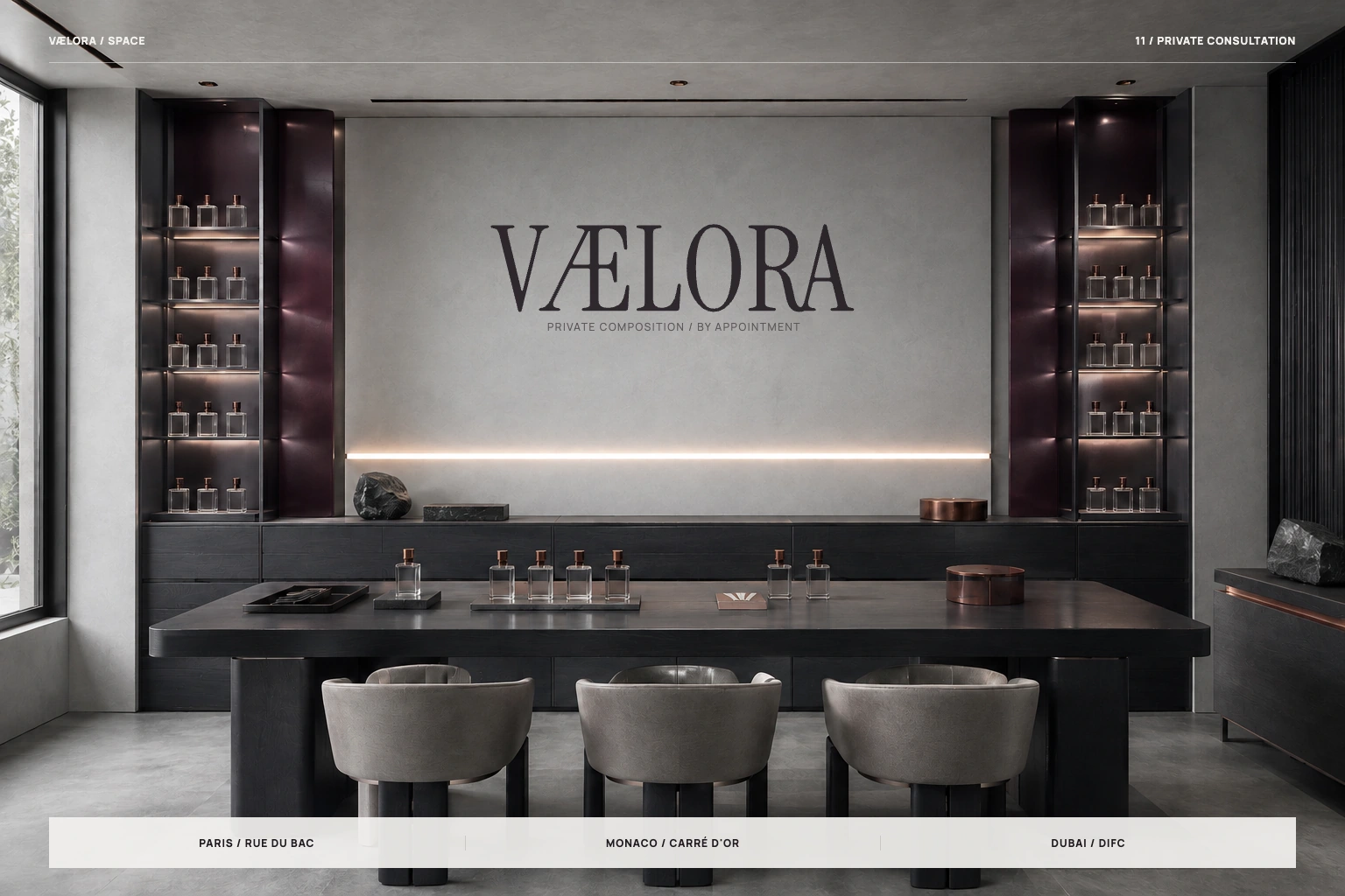 VÆLORA consultation salon concept: materials and light extend the identity.