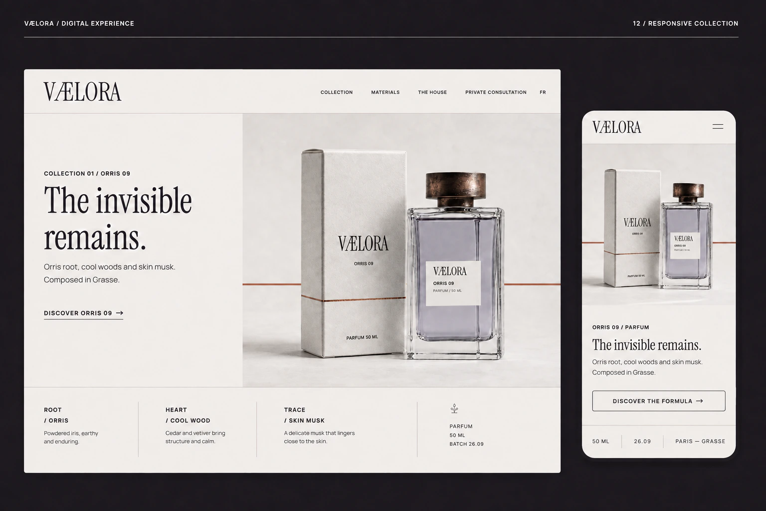 VÆLORA desktop and mobile interface concept: collection, formulas and private consultation.