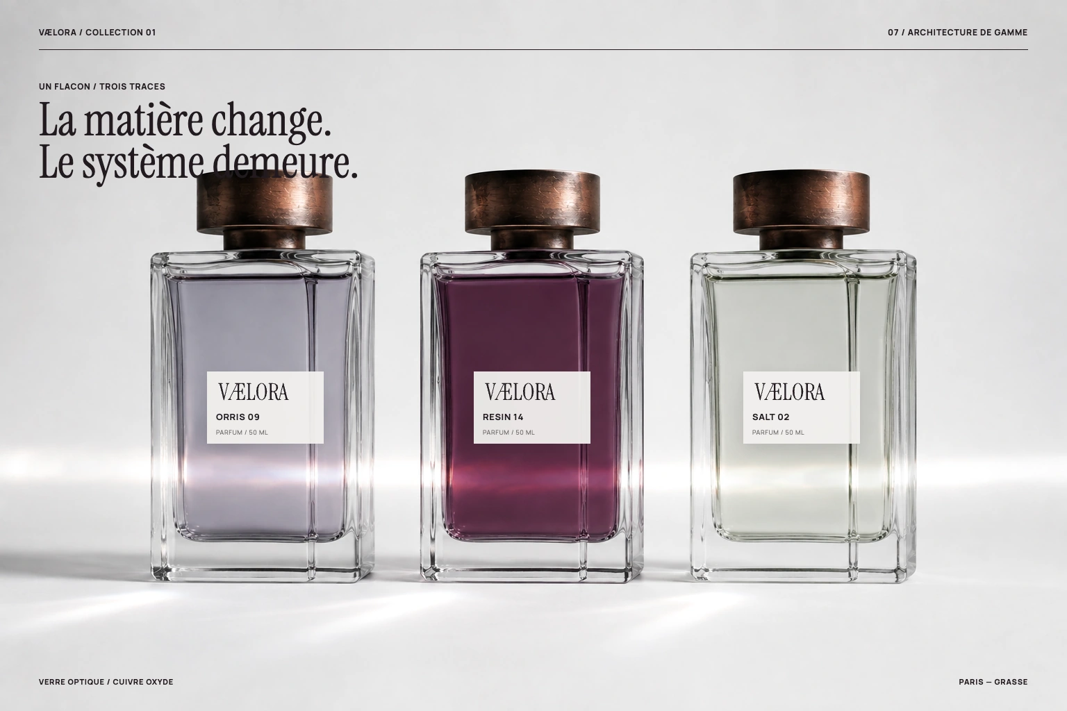 Collection VÆLORA : flacons et étiquettes des parfums Orris 09, Resin 14 et Salt 02.