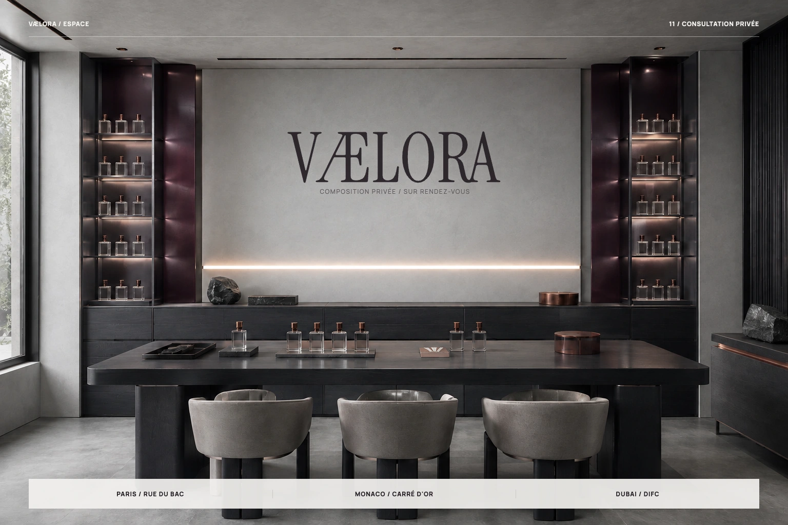 Concept de salon de consultation VÆLORA : matières et lumière prolongent l’identité.