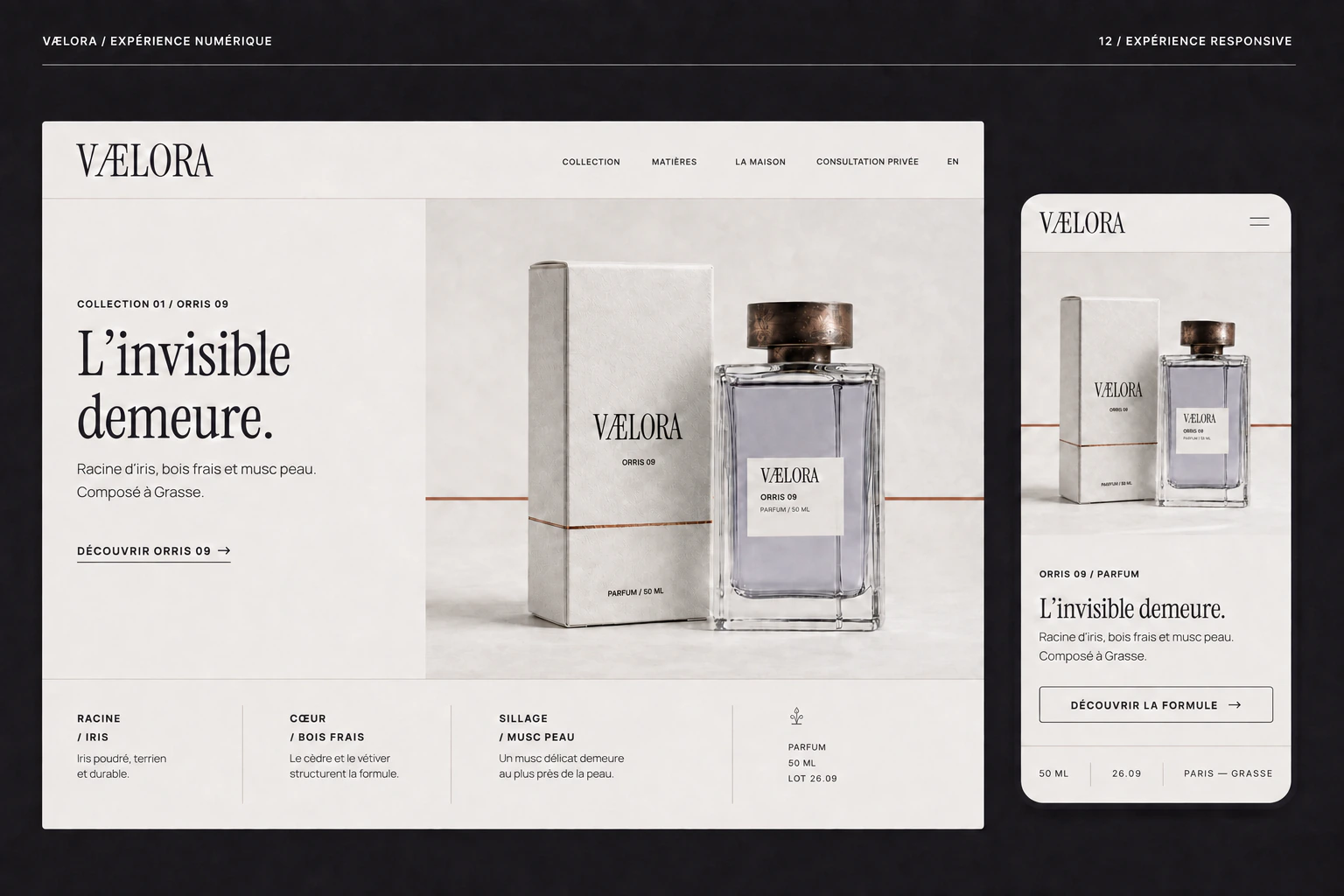 Concept d’interface VÆLORA sur ordinateur et mobile : collection, formules et consultation privée.